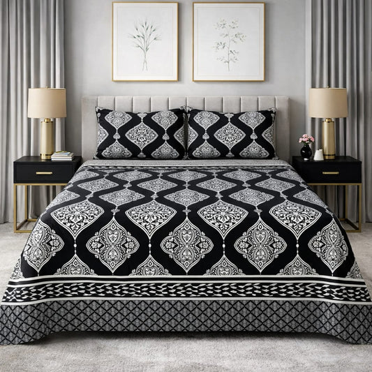 Black Royal Motif - King Size Bedsheet Set