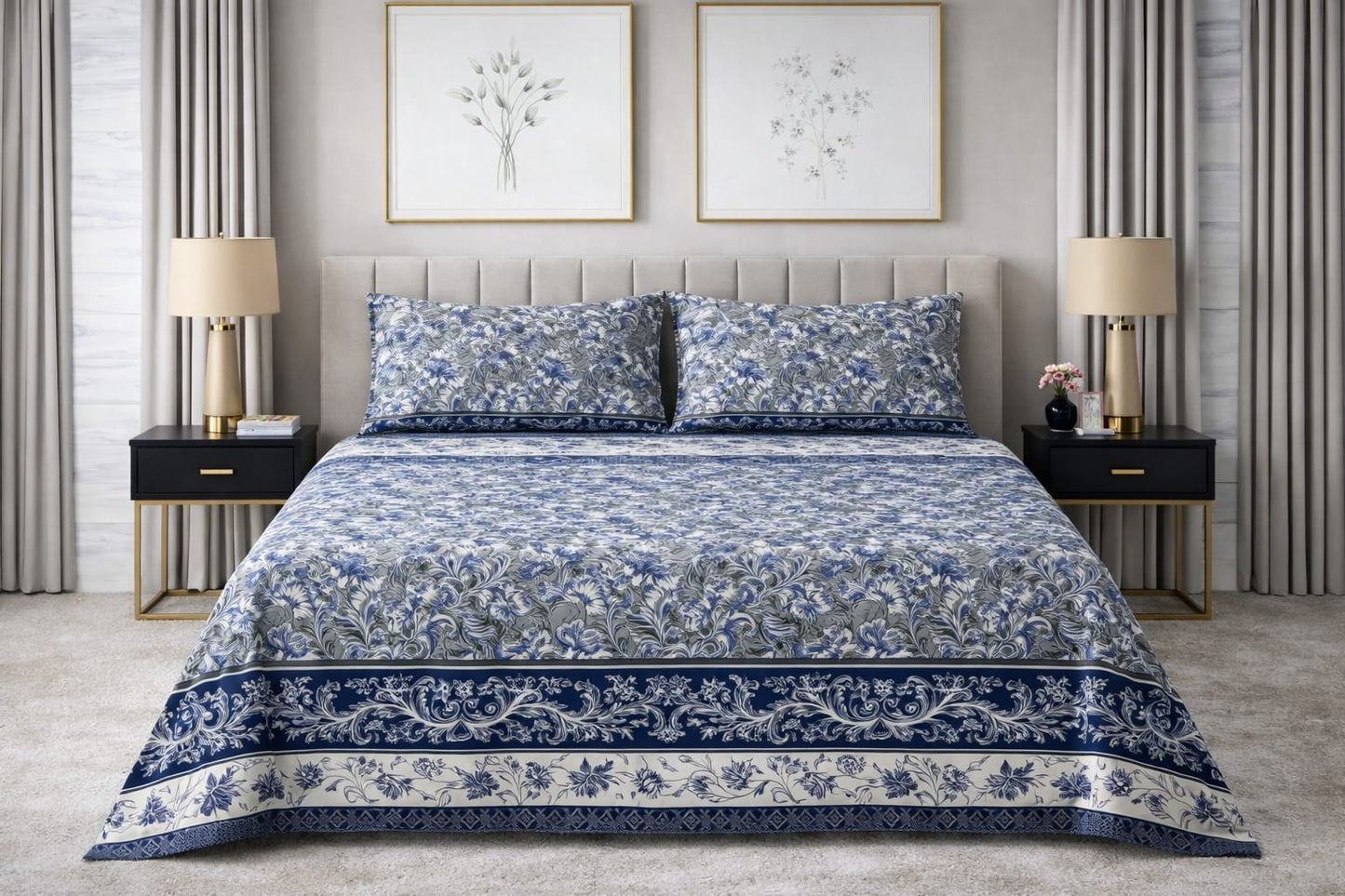 Blue Vintage Garden- King Size Bedsheet Set