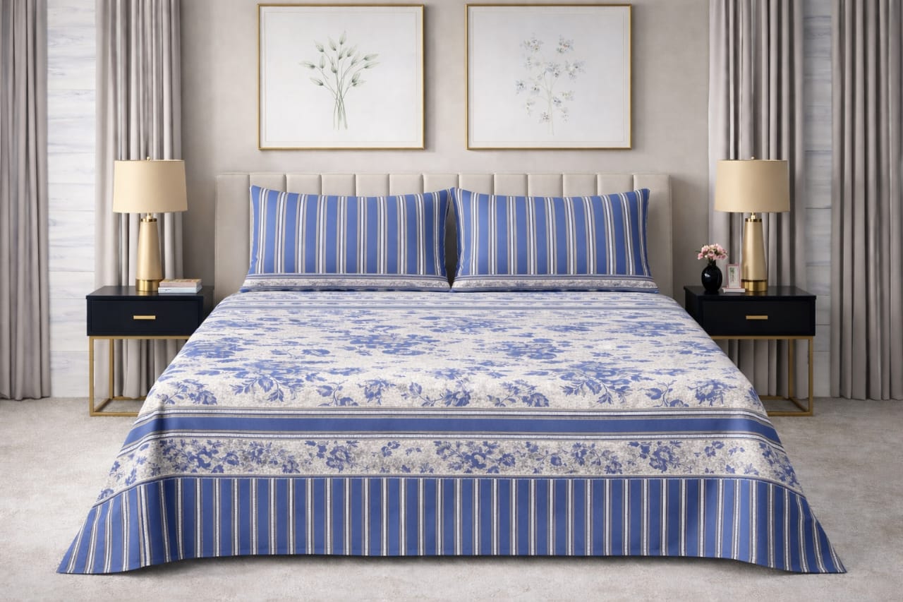 Coastal Blue Pure - Pure Cotton king Size Bedsheet Set