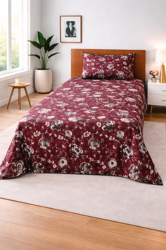 Maroon Floral Charm - Single Bedsheet Set
