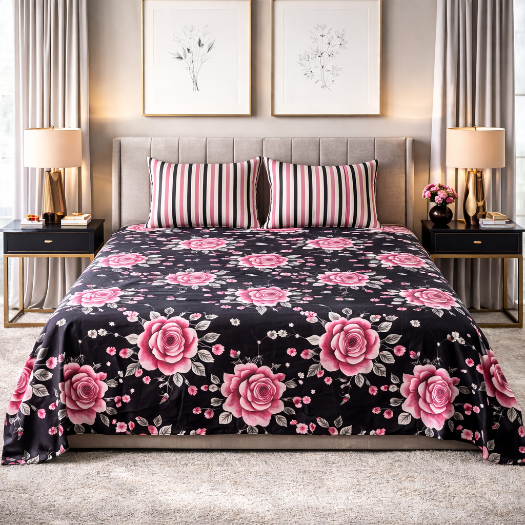 Midnight Rose Pure - Pure Cotton king Size Bedsheet Set