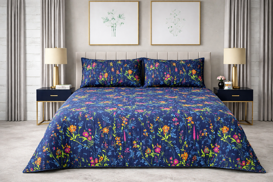 Midnight Wildflower - Pure Cotton king Size Bedsheet Set