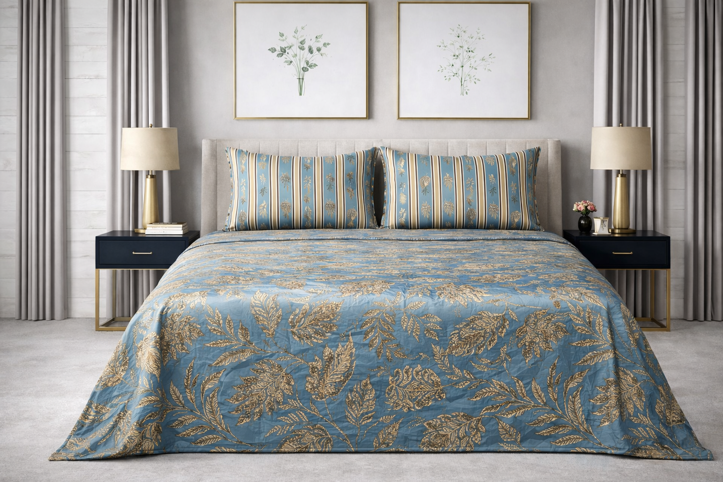 Royal Azure Leaf - Pure Cotton king Size Bedsheet Set