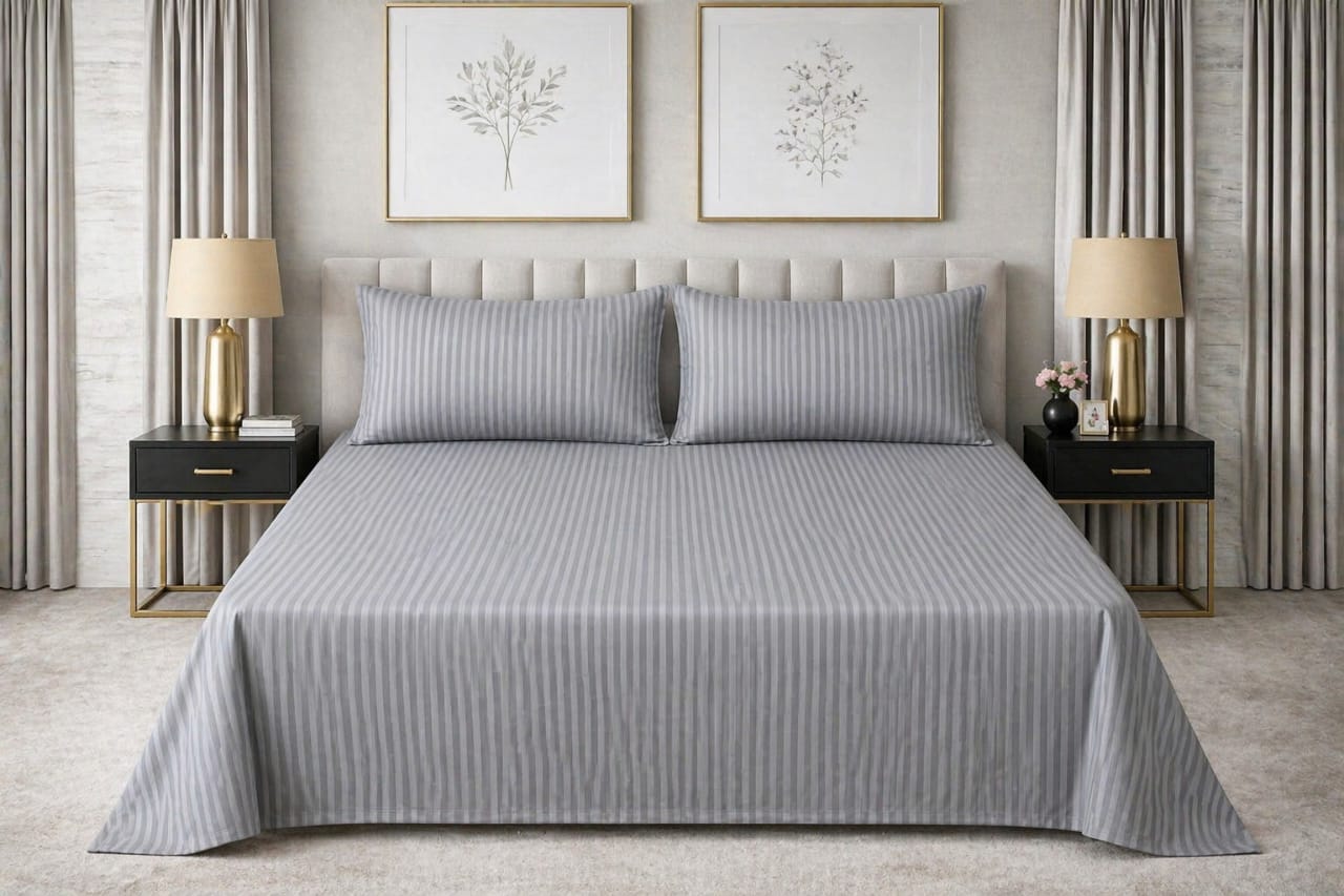 GREY Strap Cotton Bedsheet - King Size