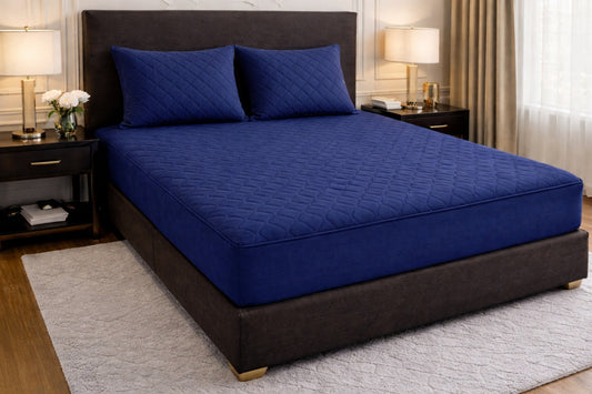 Quilted Waterproof Bedsheet - Dark Blue (With Pillows)