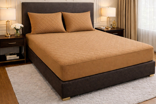 Quilted Waterproof Bedsheet - Golden (With Pillows)
