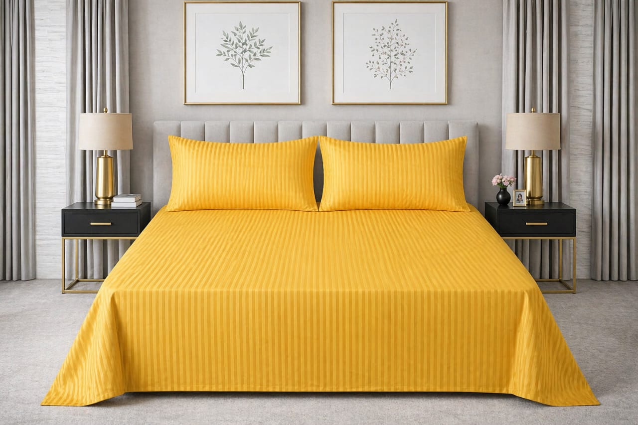 Yellow Strap Cotton Bedsheet - King Size