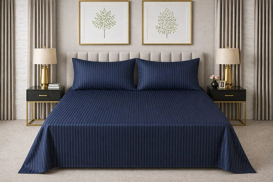 Navy Blue Strap Cotton Bedsheet - King Size