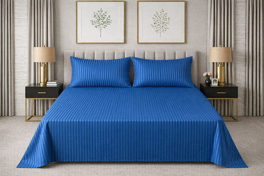 Royal Blue Strap Cotton Bedsheet - King Size