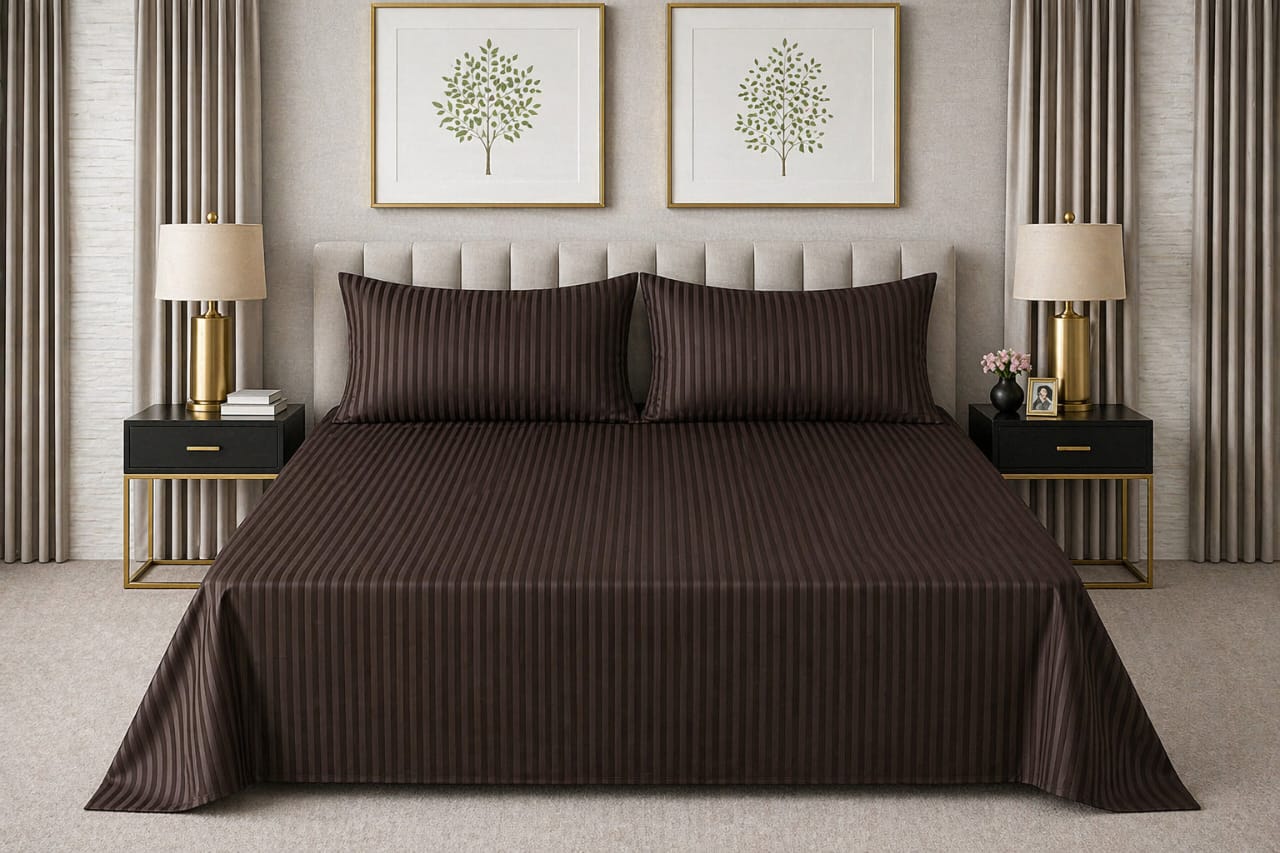 Chocolate Brown Strap Cotton Bedsheet - King Size