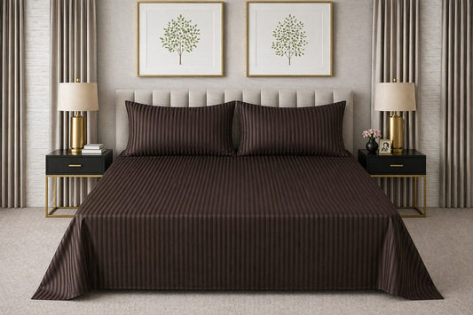 Chocolate Brown Strap Cotton Bedsheet - King Size