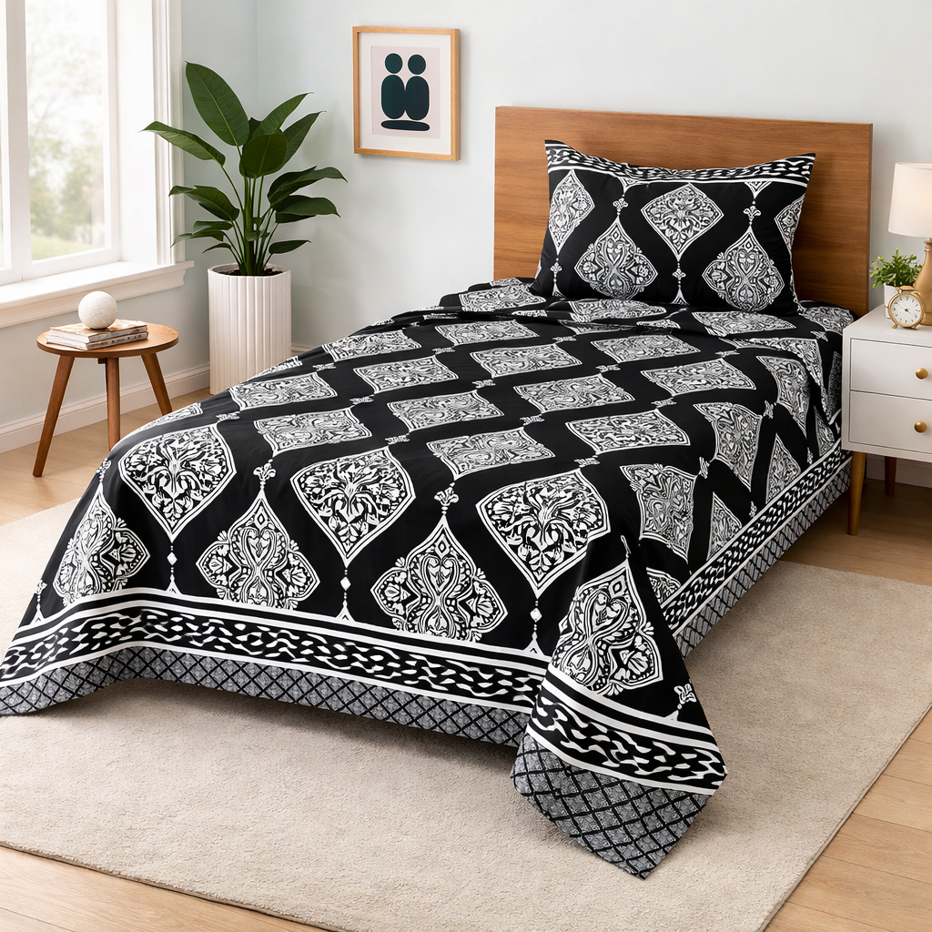 Black Royal Motif - Single Bedsheet Set