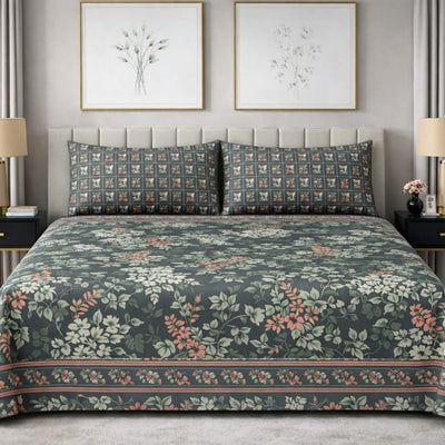 Forest Floral - Pure Cotton king Size Bedsheet Set