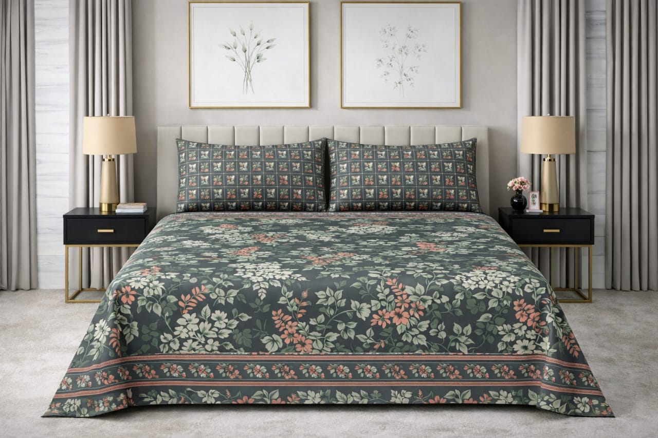 Forest Floral - Pure Cotton king Size Bedsheet Set