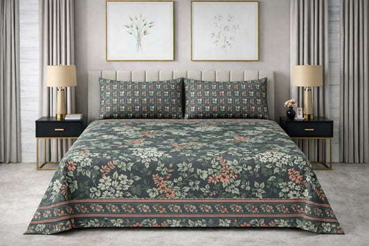 Forest Floral - Pure Cotton king Size Bedsheet Set