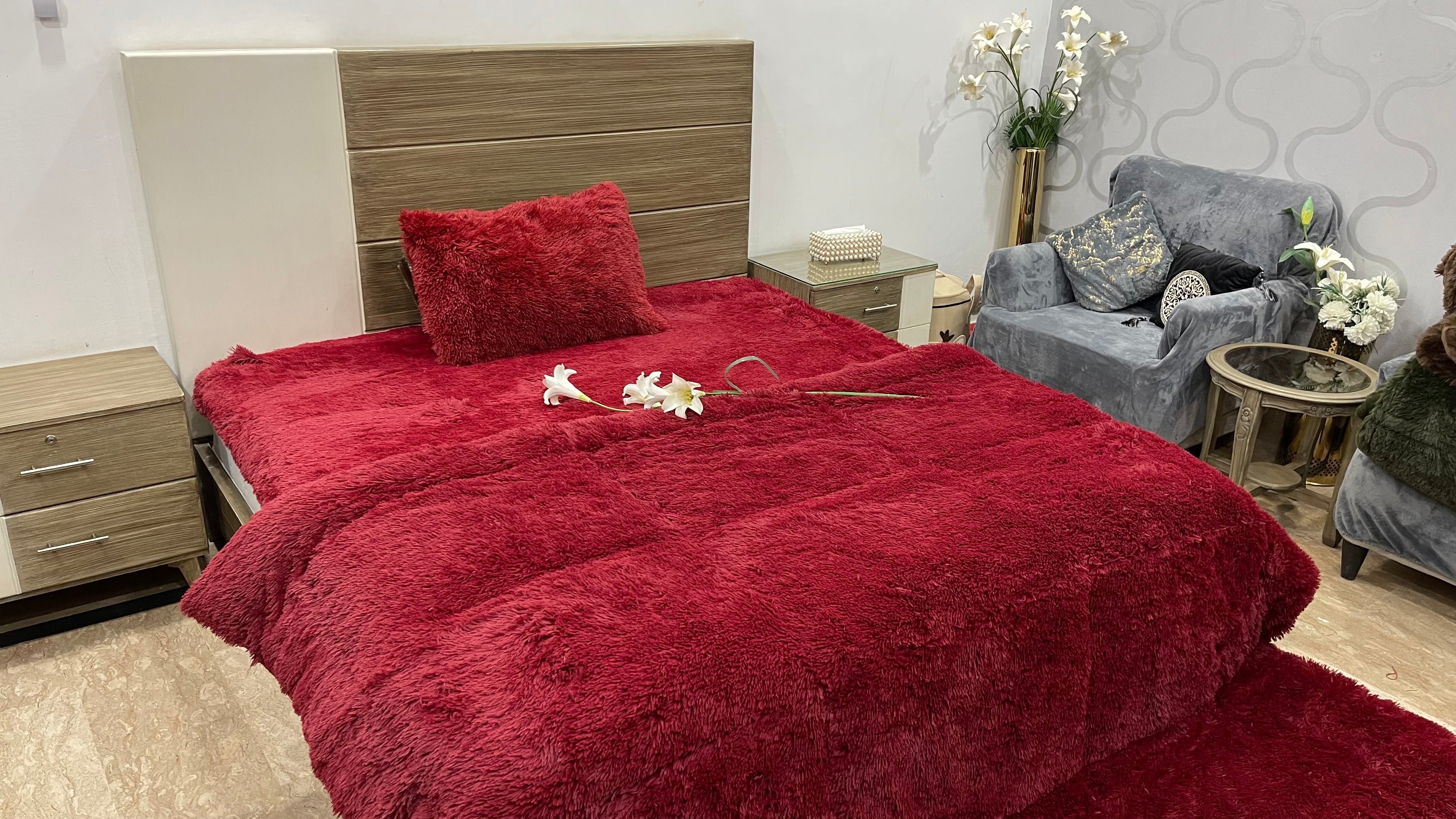 Maroon-Shaggy Quilt Set