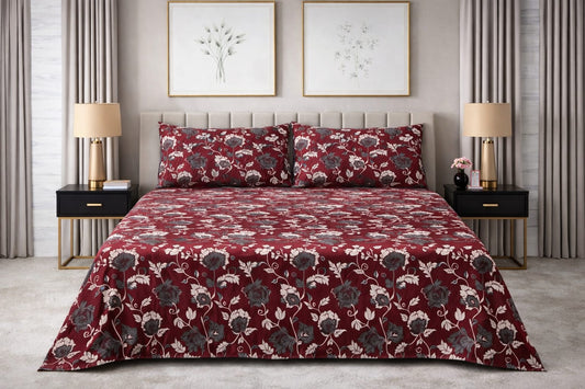Maroon Floral Charm - King Size Bedsheet Set