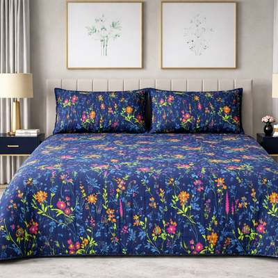 Midnight Wildflower - Pure Cotton king Size Bedsheet Set