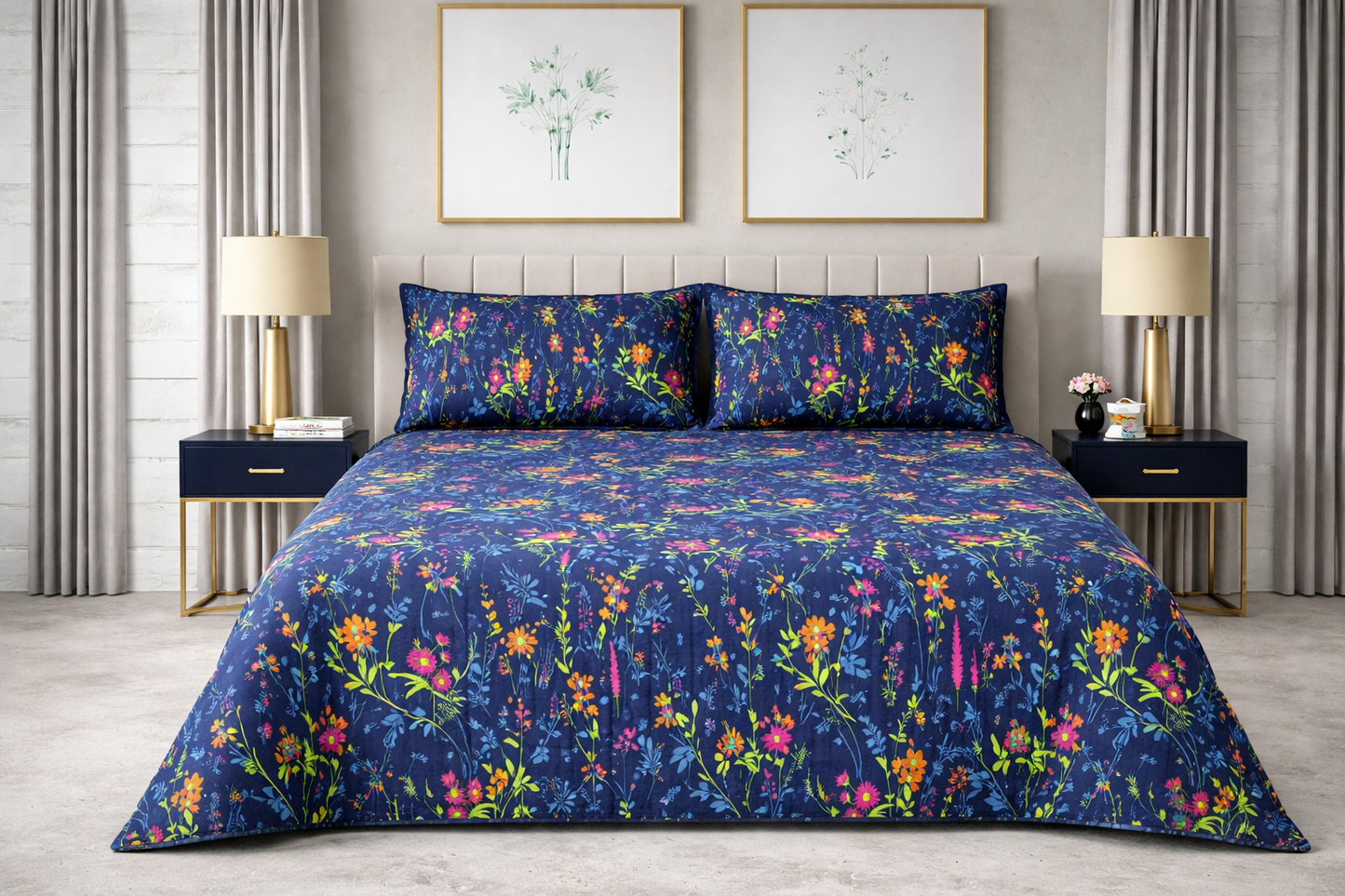 Midnight Wildflower - Pure Cotton king Size Bedsheet Set