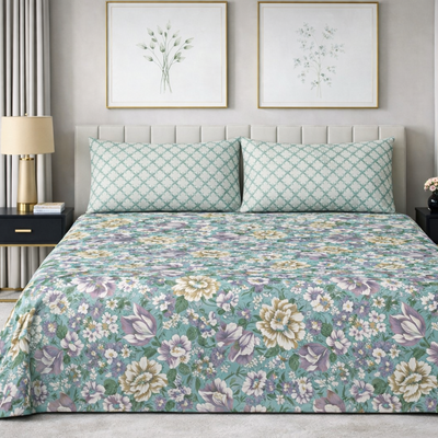 Mint Blossom Garden - Pure Cotton king Size Bedsheet Set