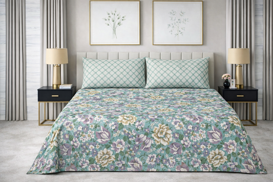 Mint Blossom Garden - Pure Cotton king Size Bedsheet Set