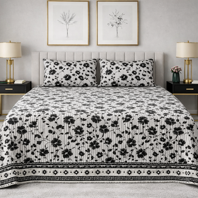 Monochrome Bloom - King Size Bedsheet Set