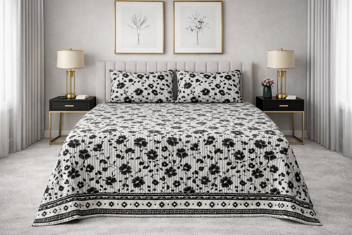 Monochrome Bloom - King Size Bedsheet Set