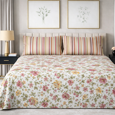 Pastel Blossom - Pure Cotton king Size Bedsheet Set