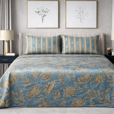Royal Azure Leaf - Pure Cotton king Size Bedsheet Set