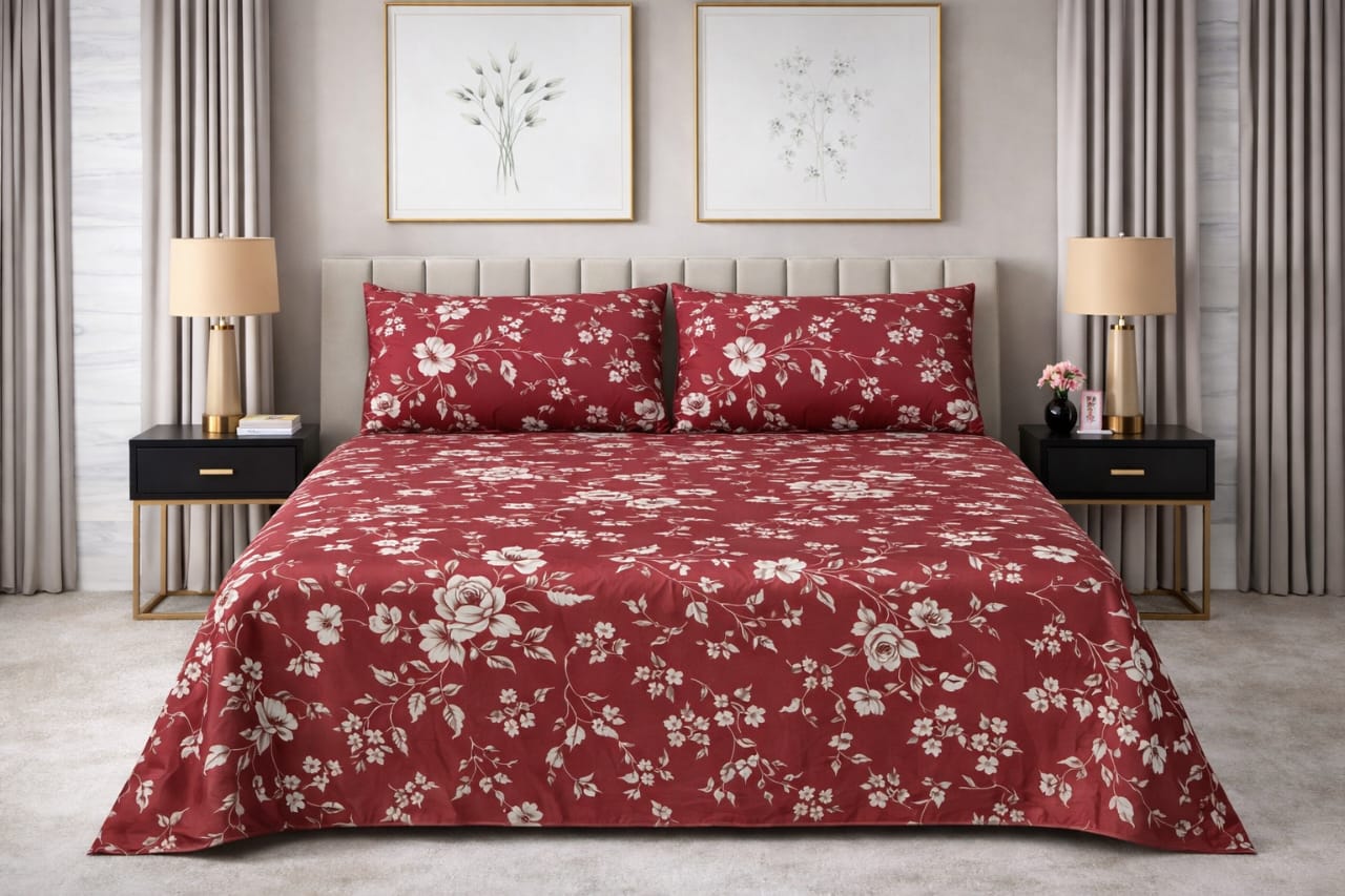 Ruby Floral - Pure Cotton king Size Bedsheet Set