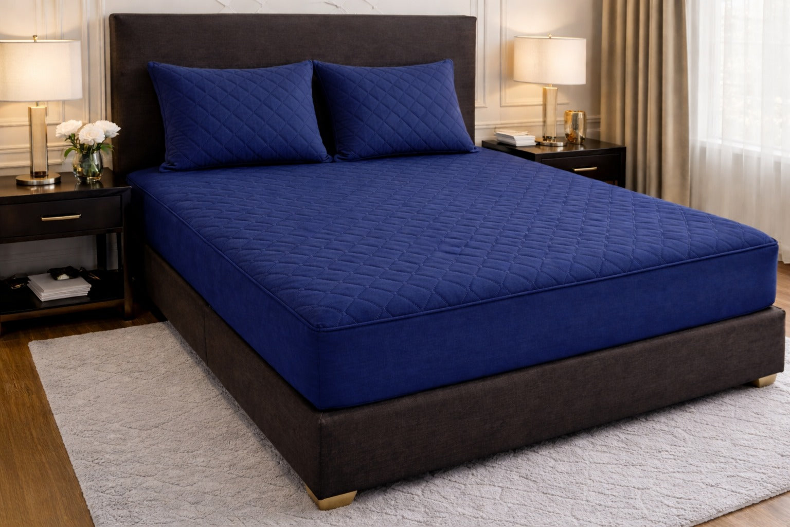 Quilted Waterproof Bedsheet - Dark Blue (With Pillows)