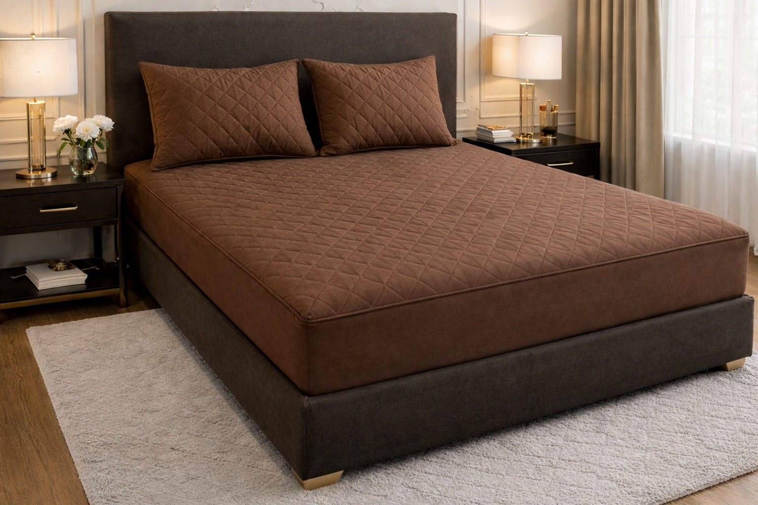 Quilted Waterproof Bedsheet - Dark Brown (With Pillows)