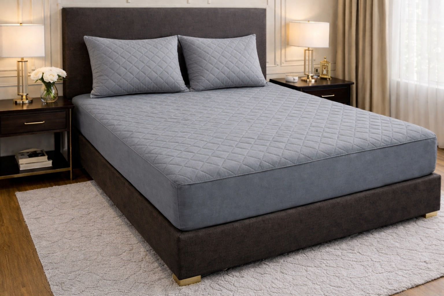 Quilted Waterproof Bedsheet - Grey (With Pillows)