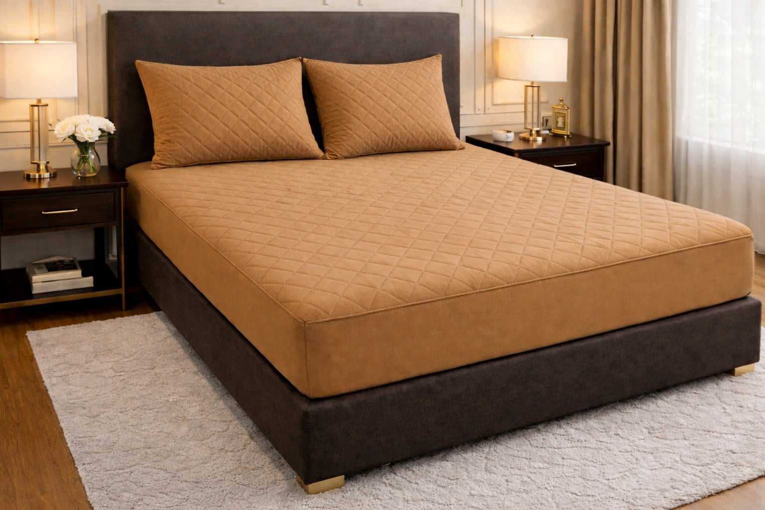 Quilted Waterproof Bedsheet - Golden (With Pillows)